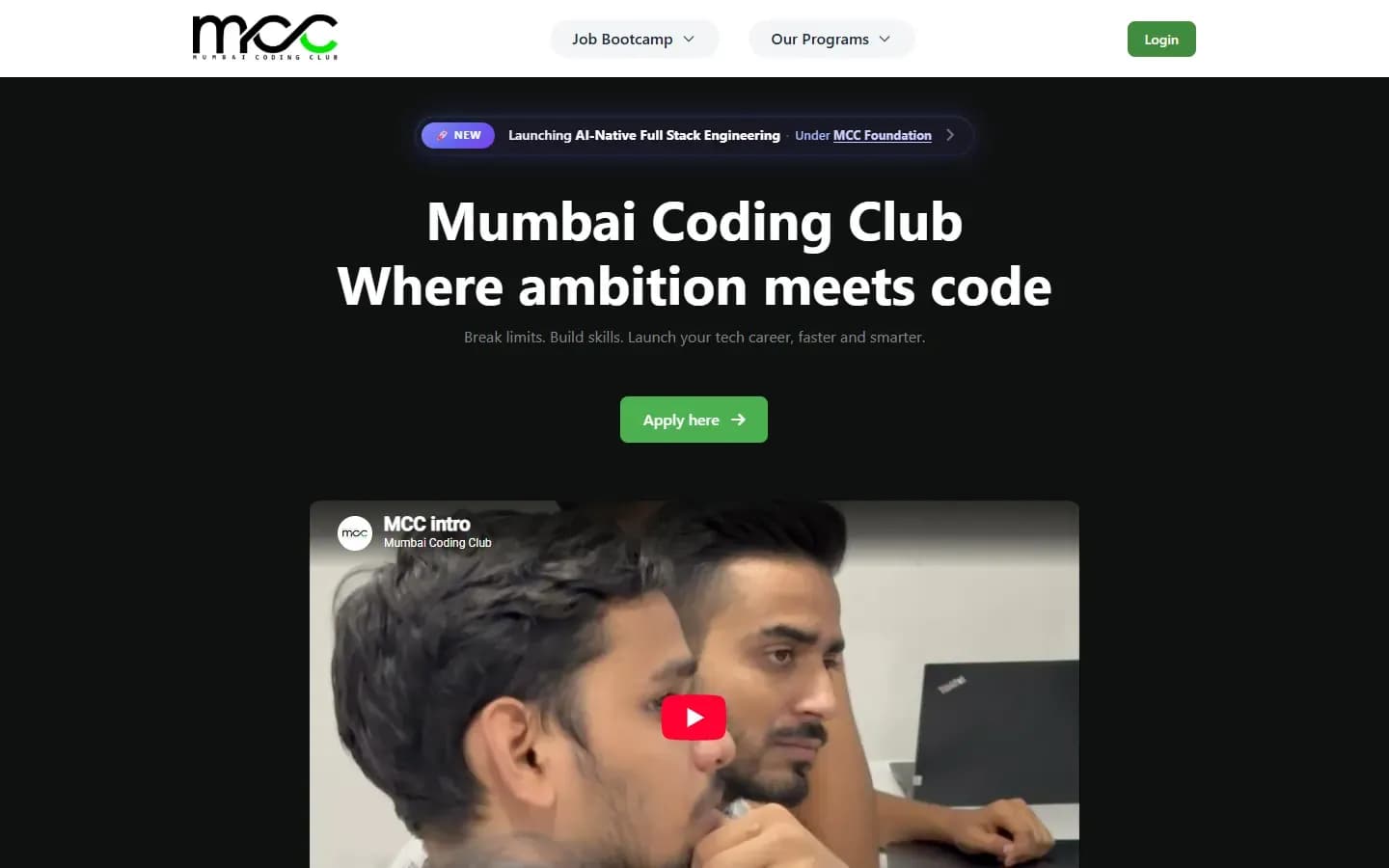 Mumbai Coding Club Portal home page on desktop
