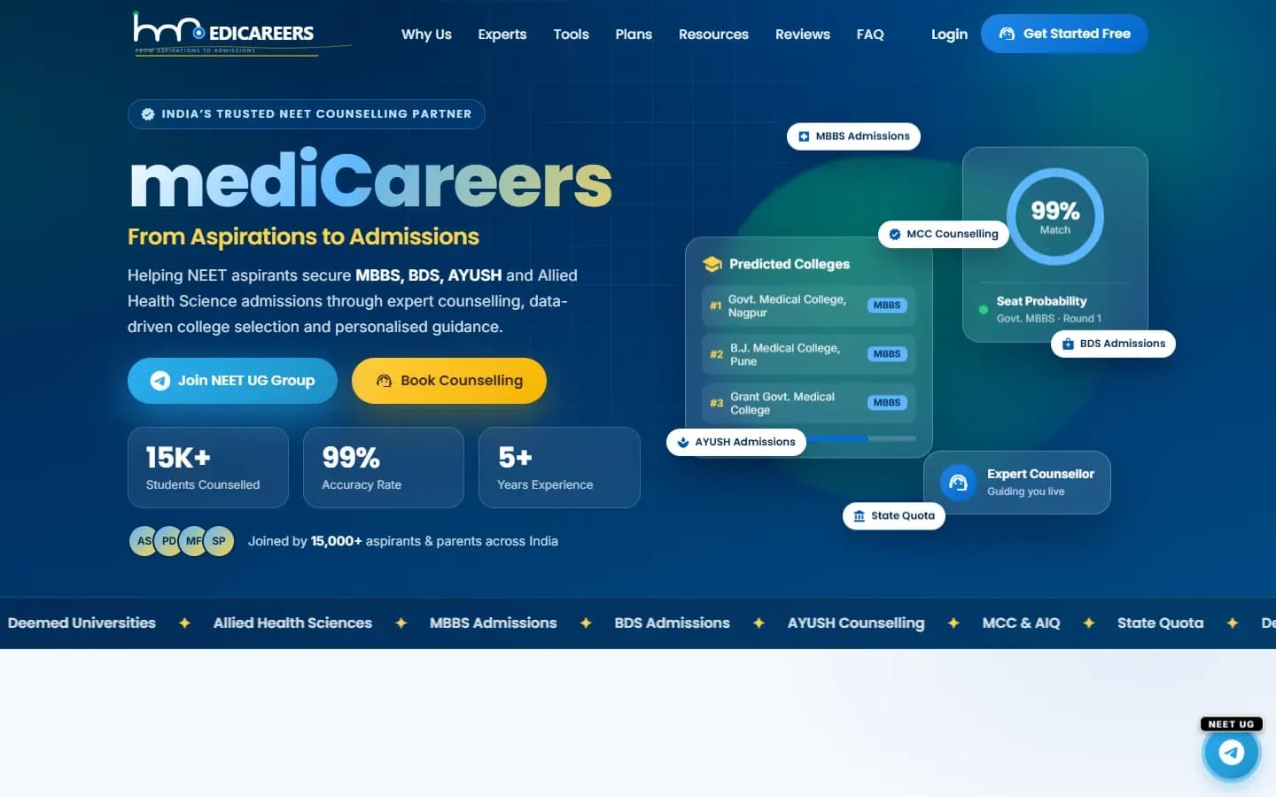 NEET Counselling Platform (mediCareers) home page on desktop