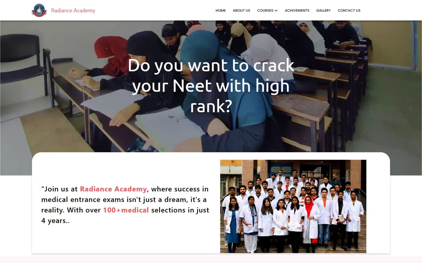 Radiance Academy home page on desktop