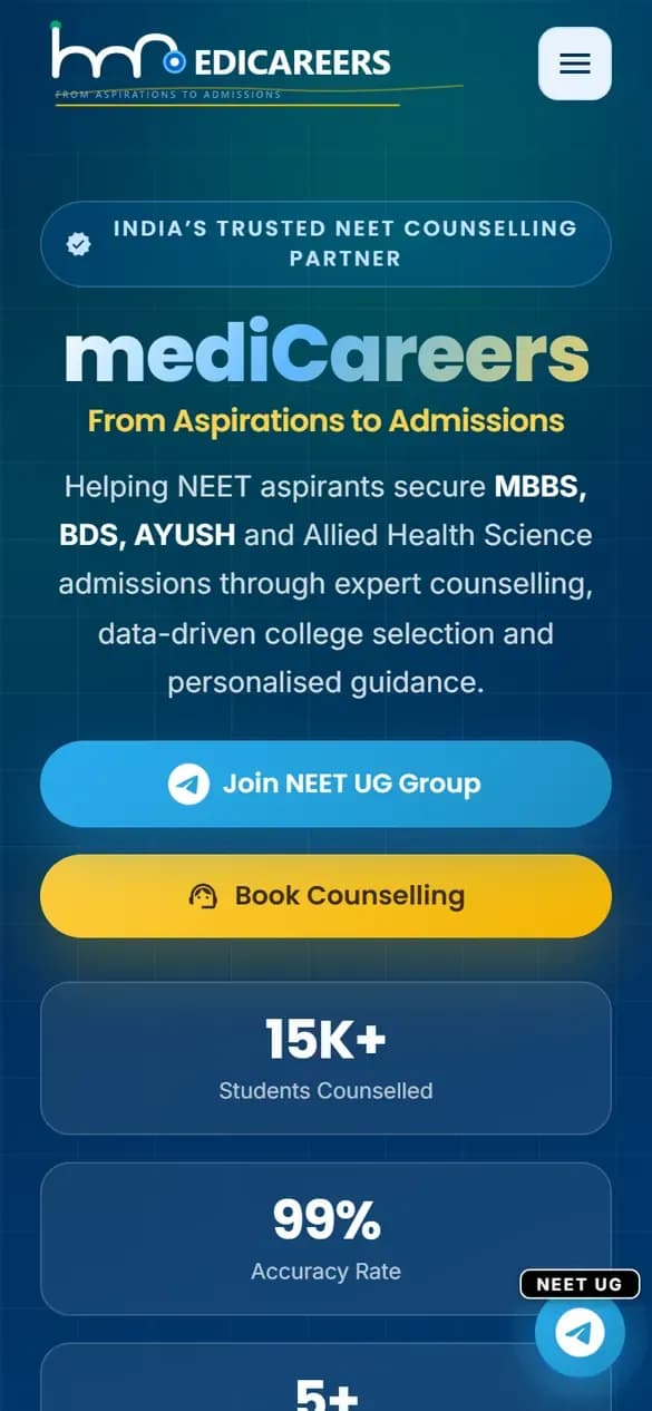 NEET Counselling Platform (mediCareers) home page on mobile